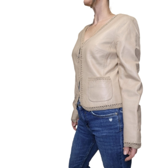 Leather Jacket Crochet BOHO V-neckline long sleeve SIZE M NINE WEST - Picture 5 of 16